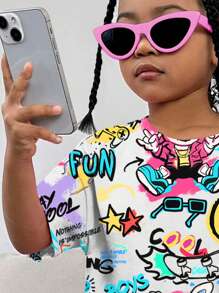 SHEIN 2 piezas Conjunto informal de verano para niñas preadolescentes con camiseta gráfica de dibujos animados y pantalones cortos, diseño de patrón fresco - Multicolor - Ver 3