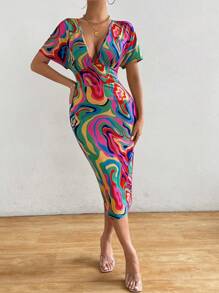 Rafferiza 女士夏季时尚修身深 V 领蝙蝠袖随机印花连衣裙长款女装 - 彩色 - 查看 3