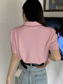 DAZY 女士纽扣圆领短袖休闲修身优雅甜美舒适 Polo 衫夏季