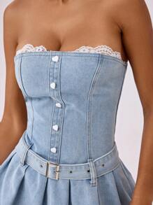 Forever 21 淺藍色洗水牛仔微迷你摺褶連鈕洞短裙 - 藍色 - 查看 4