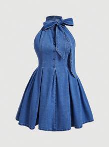 SHEIN MOD 大码女式蓝色牛仔无袖 A 字裙、秋季女装、秋季女装、早午餐女装、秋季连衣裙、工作女装、返校节连衣裙、秋季女装、商务休闲女装、蝴蝶结连衣裙、修身连衣裙、女校服、蓝色女装连衣裙