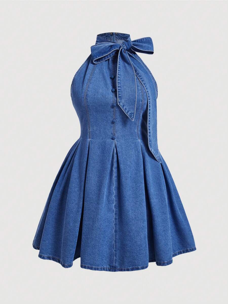 SHEIN MOD 大码女式蓝色牛仔无袖 A 字裙、秋季女装、秋季女装、早午餐女装、秋季连衣裙、工作女装、返校节连衣裙、秋季女装、商务休闲女装、蝴蝶结连衣裙、修身连衣裙、女校服、蓝色女装连衣裙