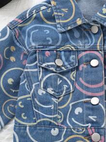 Young Girl Casual Cute Face Pattern Button Front Flat Pockets Denim Jacket - Light Wash - View 4