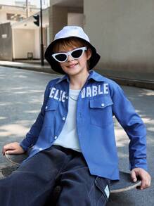 SHEIN Camisa de manga larga simple estampada para niños preadolescentes