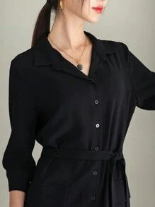 DAZY 女式纯色前扣开衩长款优雅黑色衬衫裙，秋季服装 - 黑色 - 查看 4