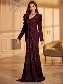 UNITHORSE 女士闪亮羊腿袖正式派对礼服（加厚款）婚礼宾客礼服晚礼服、新娘礼服、生日礼服、毕业礼服、春日优雅度假长裙 - 酒紅色 - 查看 3