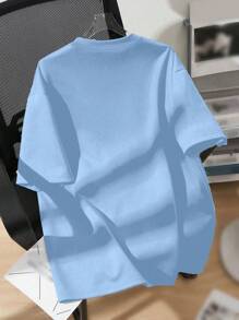 SHEIN EZwear 超大款休闲简约五角星图案圆领短袖T恤女款，适合夏季，男女通用 - 淺藍色 - 查看 2