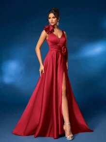 Glamrae 优雅奢华 V 领 3D 花卉装饰高开衩裙，带拖尾，正式晚礼服，舞会礼服，适合婚礼嘉宾、毕业典礼、晚宴派对礼服