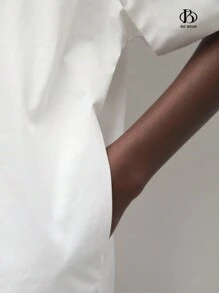 BizChic 女士春夏款休閒純棉白色襯衫連衣裙，立領寬鬆版型前鈕