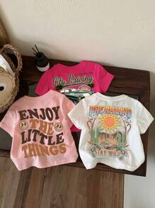 SHEIN Leap Crew 女婴休闲复古度假风卡通汽车、太阳、笑脸、英文字母印花白色/粉色/浅粉色短袖圆领上衣3件套，适合夏季返校季，可爱，女婴服装 - 彩色 - 查看 1