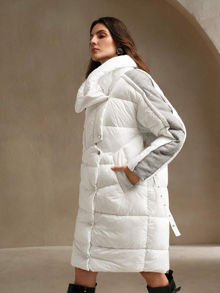 Women's Gray Patchwork Stand Collar Long Sleeve Thick Knit Jacket