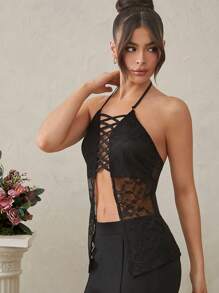 L'Amorae Split Hem Lace Up Halter Neck Sleeveless Top - Black - View 4