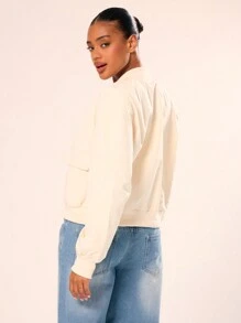 MUSERA Áo khoác bomber crop có túi - Màu be - Xem 2