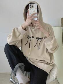 DAZY Áo nỉ có mũ trùm đầu in họa tiết nơ rút tay dài màu trơn đơn giản thường ngày cho nữ, áo hoodie màu mơ, quần áo mùa thu - Màu be - Xem 4