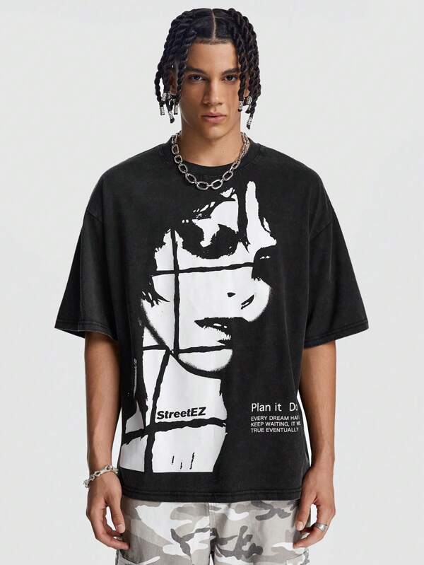 Manfinity VCAY Camiseta de manga corta con cuello redondo y estampado minimalista de figura para hombres