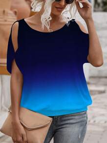 SHEIN LUNE 女士休闲露肩渐变色印花宽松舒适时尚 T 恤