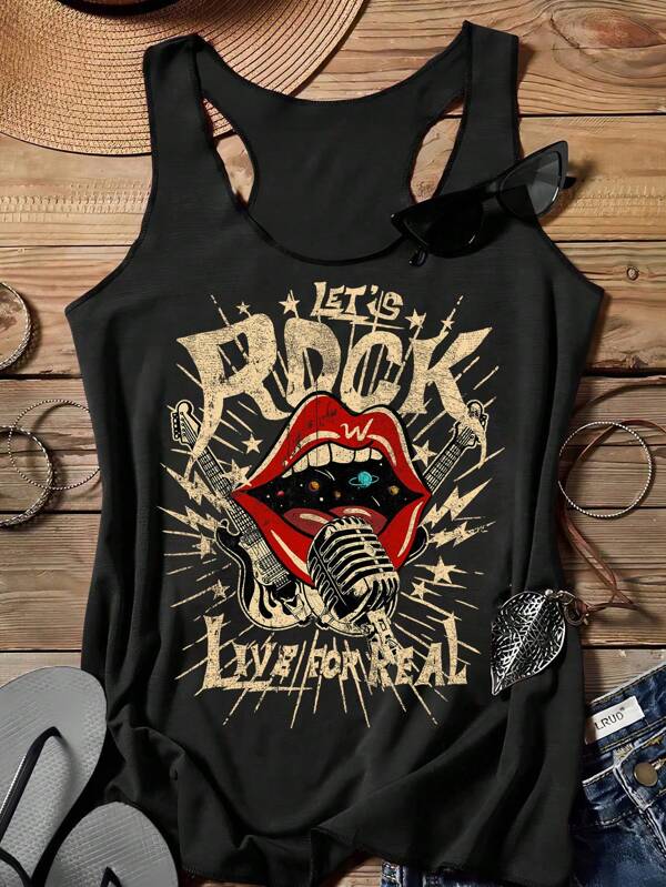 Attitoon Women's Vintage Rock Red Lip Graphic Tank Top, Summer