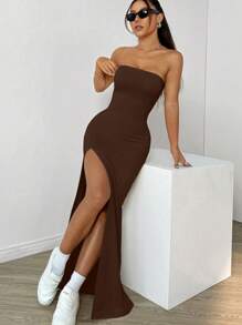 SHEIN EZwear Vestido elegante de diseño minimalista de color liso, sin tirantes y sin espalda con abertura para mujer