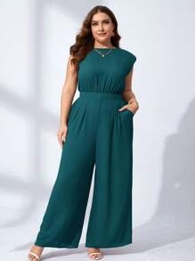 SHEIN Clasi Plus Size Round Neck Solid Color Sleeveless Romper With Pockets, Summer - Teal Blue - View 1