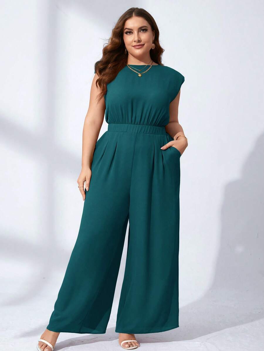 SHEIN Clasi Plus Size Round Neck Solid Color Sleeveless Romper With Pockets, Summer - Teal Blue - View 1