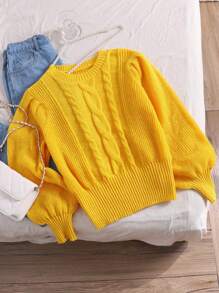 CosyJoli Suéter de punto de jacquard amarillo de manga farol, de cuello redondo y manga larga, elegante estilo universitario, para invierno. Suéter de invierno para adolescentes