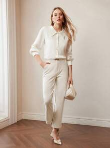 MOTF PREMIUM 纯色拉链门襟斜口袋西装裤 - 米色 - 查看 7