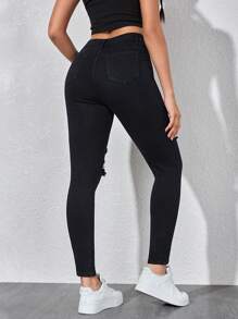 SHEIN ICON Front Button Closure Multi-Pocket Distressed Slim Fit Casual Denim Jeans Y2k - Black - View 2