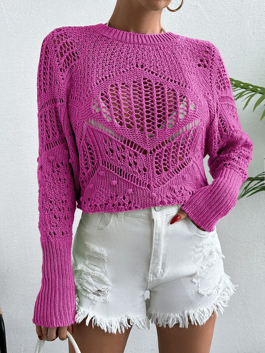 Cloudara Solid Raglan Sleeve Pointelle Knit Jumper - Pink - View 1