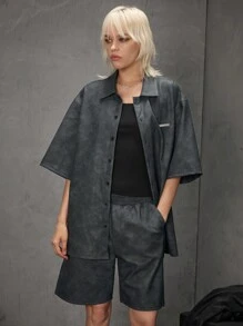 Manfinity VCAY 2pcs Men's Casual Street-Style Short Sleeve Shirt And Mid-Rise Straight Shorts Set, Suitable For Summer Daily Wear - Black - View 2