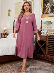 Plus Size Women's Elegant Colorful Sequin Floral Splice Fringe Flare Sleeve Nightgown - Mauve Purple - View 3