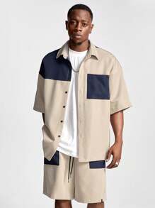 Manfinity VCAY Conjunto de camisa de manga corta tejida con ajuste holgado y parches, adecuado para el verano para hombre