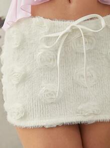 L'Amorae Fuzzy Knit Floral Applique Drawstring Mini Skirt - White - View 2