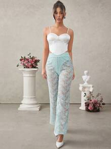 L'Amorae Lace Sheer High Waist Pants - Blue - View 6