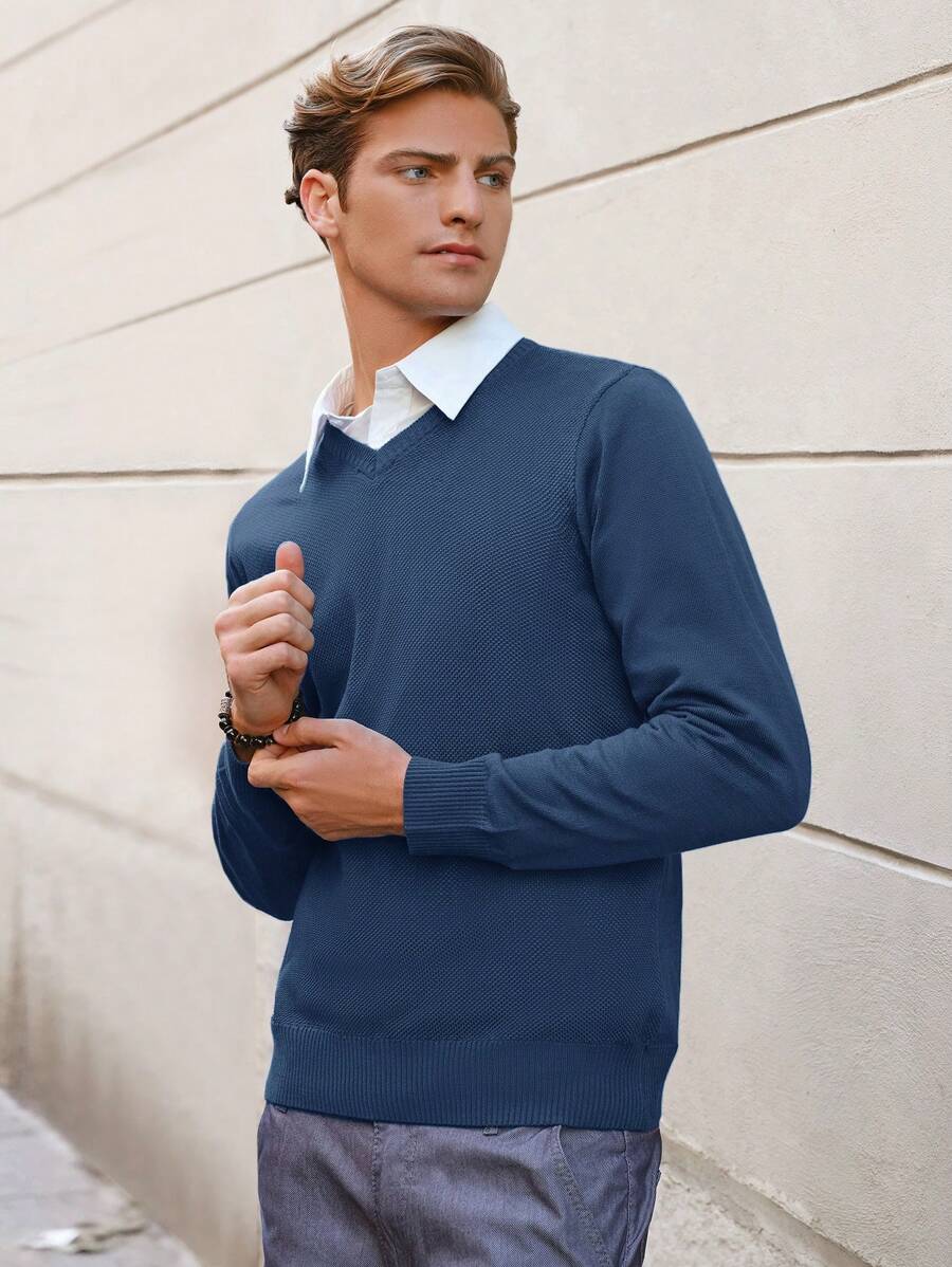 RueChic Men Solid V Neck Sweater Without Shirt - Blue - View 1