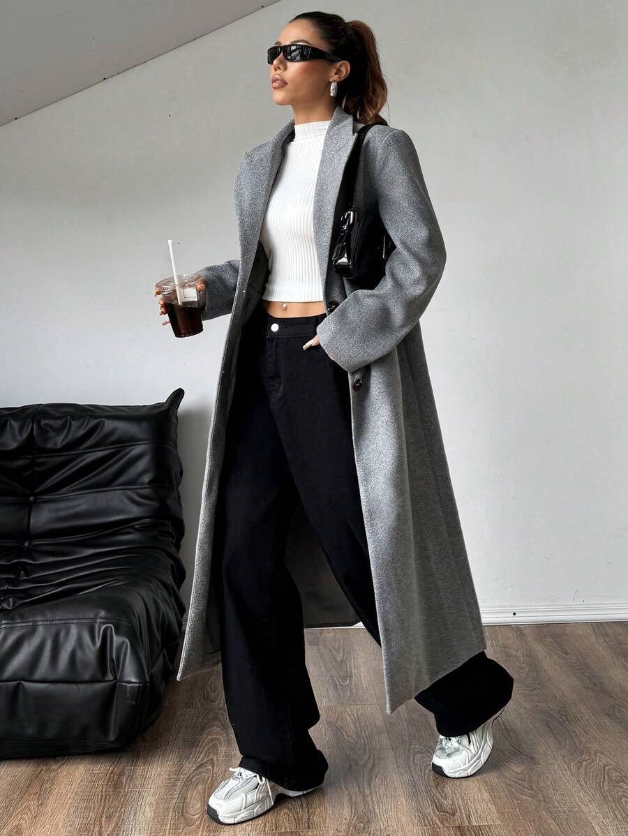 SHEIN Unity 长款灰色羊毛大衣,秋冬时尚 - 灰色 - 查看 1