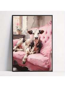 1pc Unframed Creative Canvas Poster, Pink Cow Art Print, Modern Retro Canvas Wall Art, Gift, Bedroom, Office, Living Room, Home & Dorm Decor - Multicolor - View 5