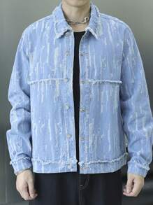 Manfinity Roghcode Áo khoác denim tay dài sờn họa tiết nút nam, trang phục dạo phố thời trang - Màu xanh lam - Xem 1
