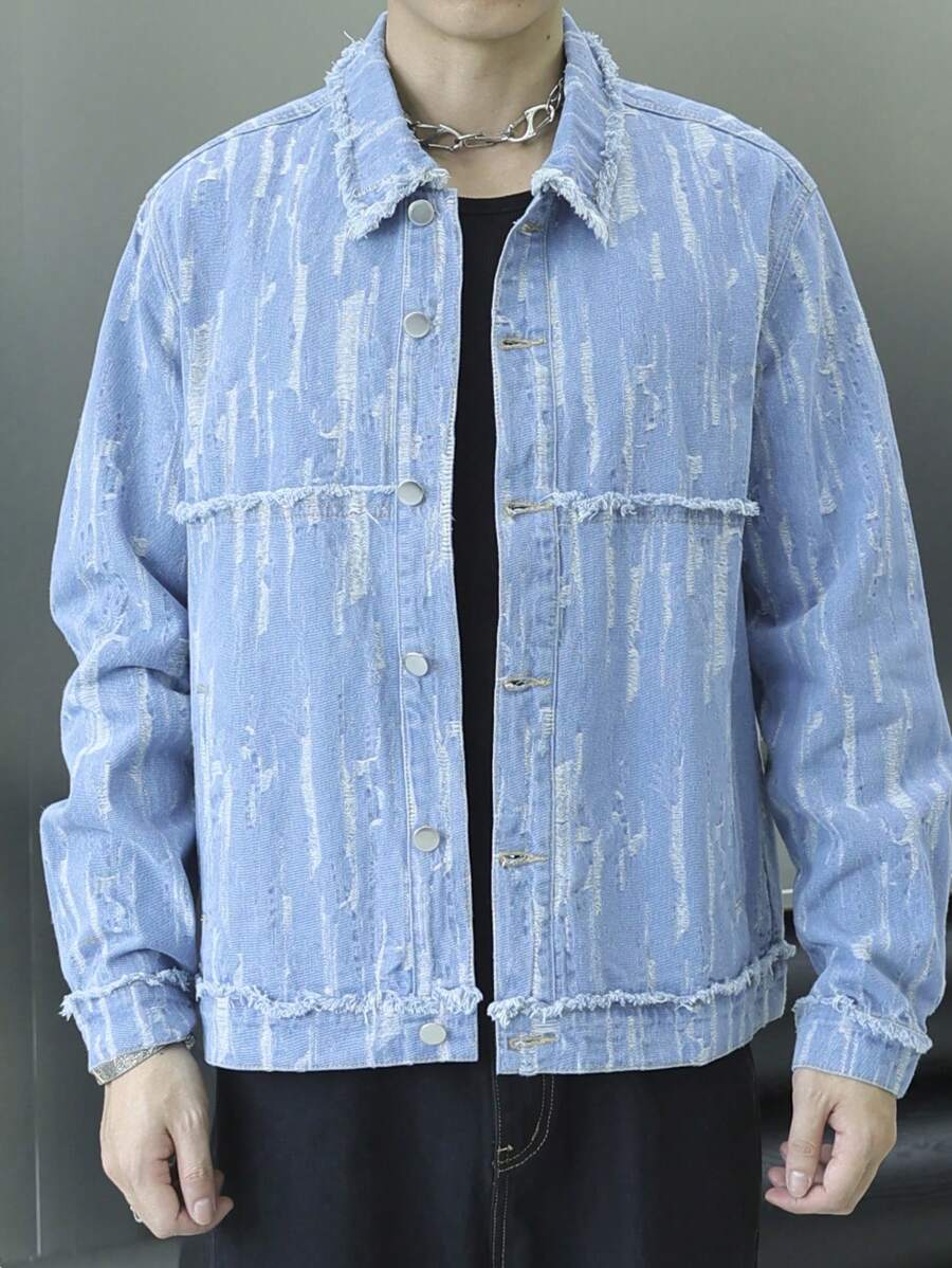 Manfinity Roghcode Áo khoác denim tay dài sờn họa tiết nút nam, trang phục dạo phố thời trang - Màu xanh lam - Xem 1