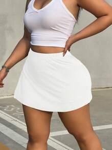 Flirla Plus Size Women Solid Color Simple Casual Skirt - White - View 5