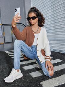 Tween Girl Contrast Color Buttoned Pocket V-Neck Long Sleeve Casual Cardigan , Color Block