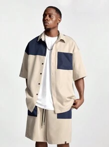 Manfinity VCAY Conjunto de camisa de manga corta tejida con ajuste holgado y parches, adecuado para el verano para hombre