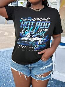 Slaydiva Hot Rod Dream Casual Minimalist Racing Car Print Round Neck Short Sleeve Fitted Plus Size Women T-Shirt, Suitable For Summer - Black - View 3