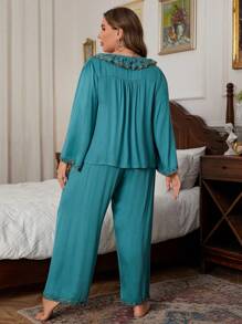 PalaceNights Heart Embroidery Ruffled Collar Front Open Long Sleeve Pajama Set Plus Size