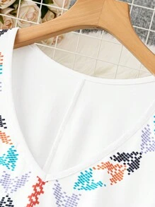 Linhara 大尺碼夏季休閒幾何圖案V領流沙邊無袖連身裙