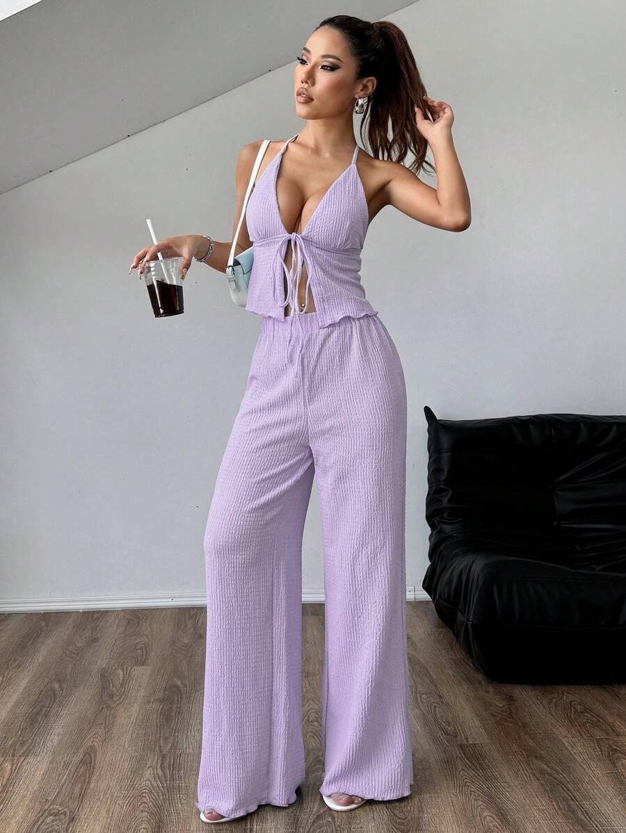 SHEIN Unity مجموعة تتكون من ملابس علوية ذات ربطة للرقبة وخصر ضيق في المقدمة مع بنطلون طويل، ملابس كاجوال، قطعتان - الأرجواني - مشاهدة 1