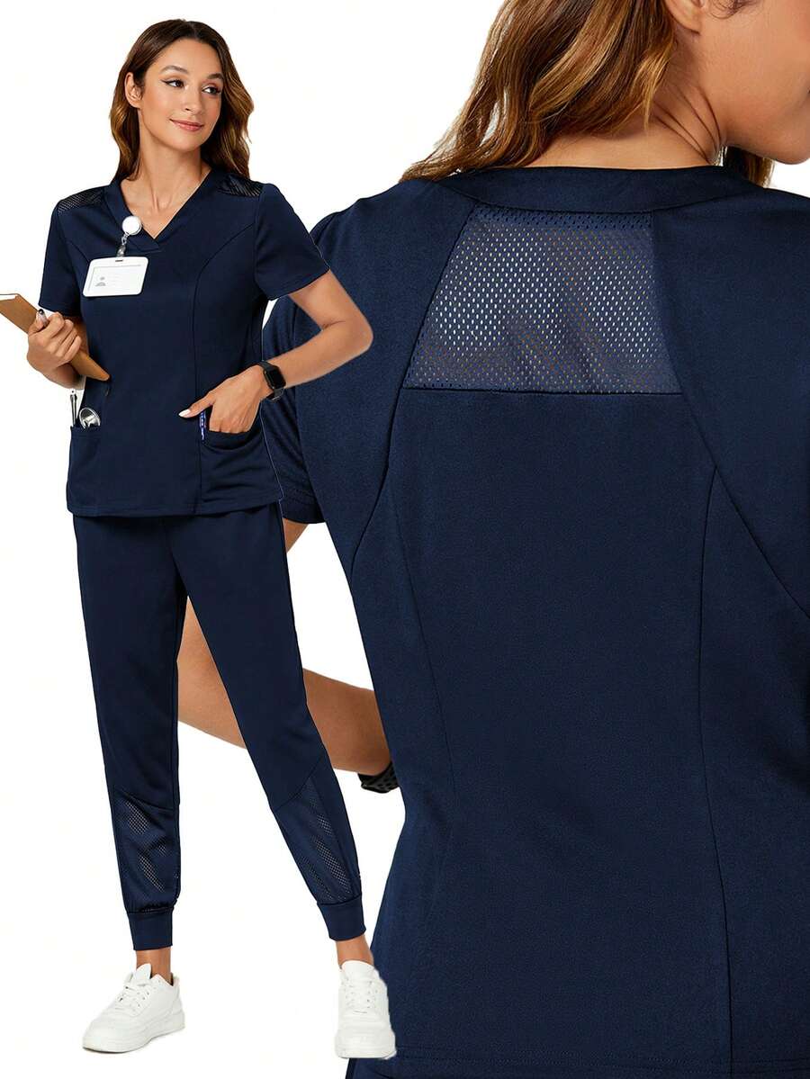 TaskEZ Women Solid Color Simple V-Neck Short Sleeve Top And Pants Scrub Uniform Set - Navy Blue - View 1