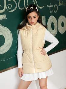 SHEIN Teen Girls Solid Color Hooded Sleeveless Padded Coat With Zipper, Tie And Pockets, Winter