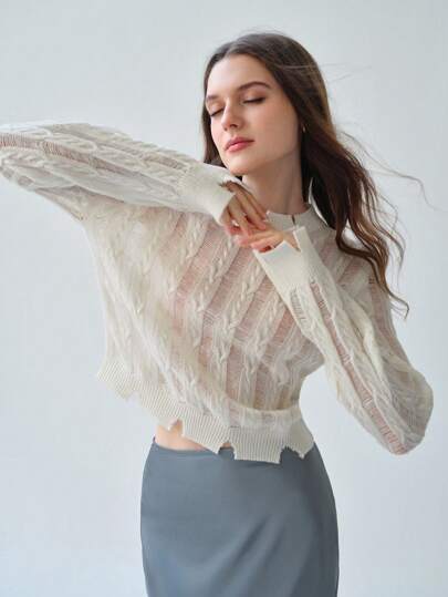 Enchnt 女士圆领镂空设计长袖休闲迷人柔软毛衣