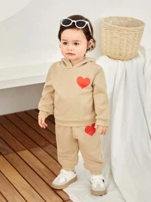 SHEIN Trang phục 2 món thường ngày cho bé gái áo nỉ có mũ in hình trái tim và quần dài, mùa thu đông - Màu Khaki - Xem 1