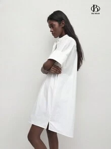 BizChic 女士春夏款休閒純棉白色襯衫連衣裙，立領寬鬆版型前鈕